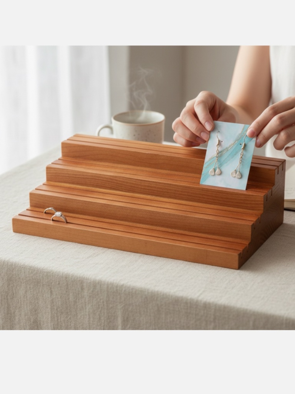 NBEADS 4-Tier Wood Earring Card & Ring Display Stand Showcase Boutique Rack